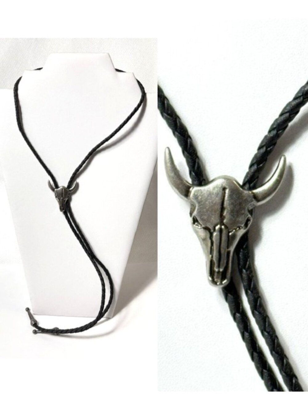 Silver-tone bull skull, black cord western cowboy bolo tie.